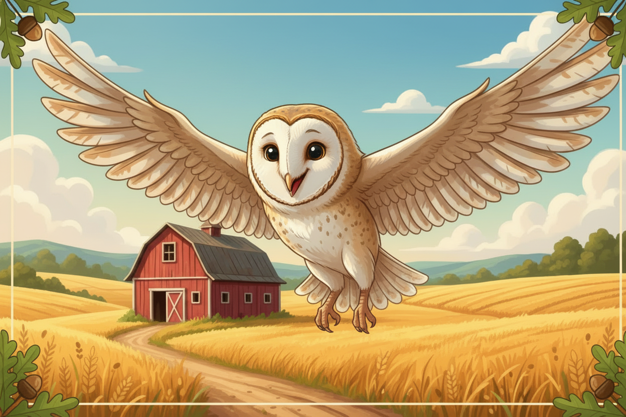 Happy Barn Owl Flying Over Farm with Barn
